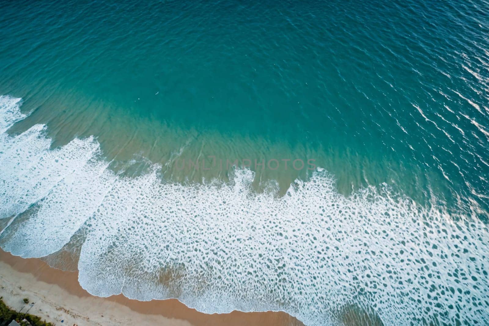 This captivating aerial image showcases the serene beauty of a sandy beach with the ocean's waves gently rolling onto the shore. The breaking waves create a white, frothy pattern along the water's edge, adding a touch of dynamic energy to the tranquil scene.