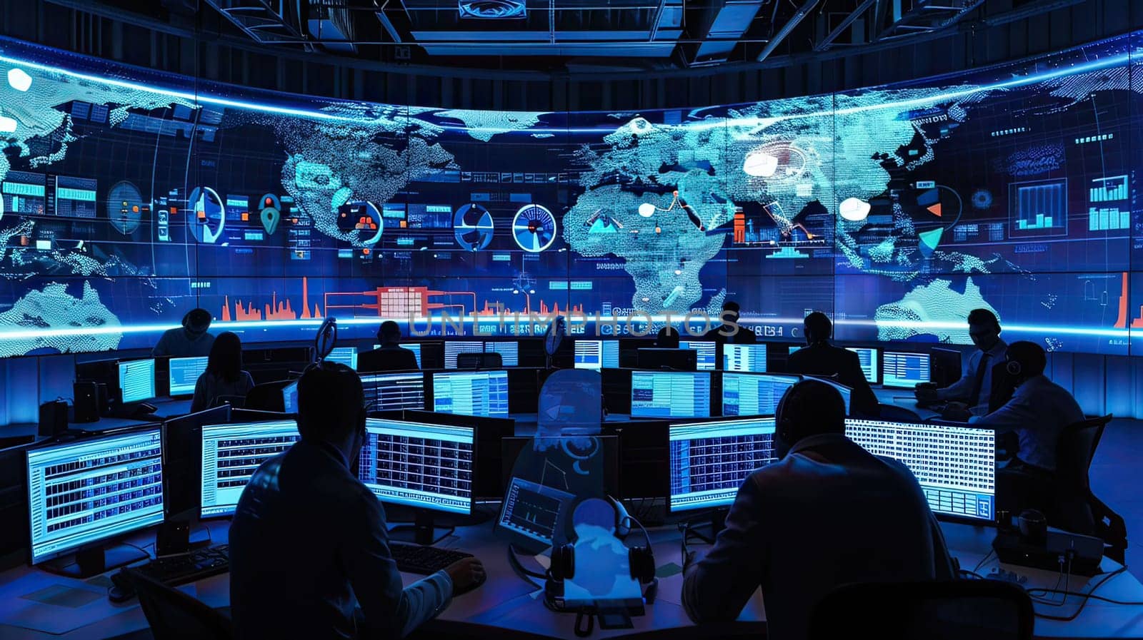 A team of cybersecurity professionals work at their computers in a dark room, monitoring data on a large screen displaying a world map and other information.