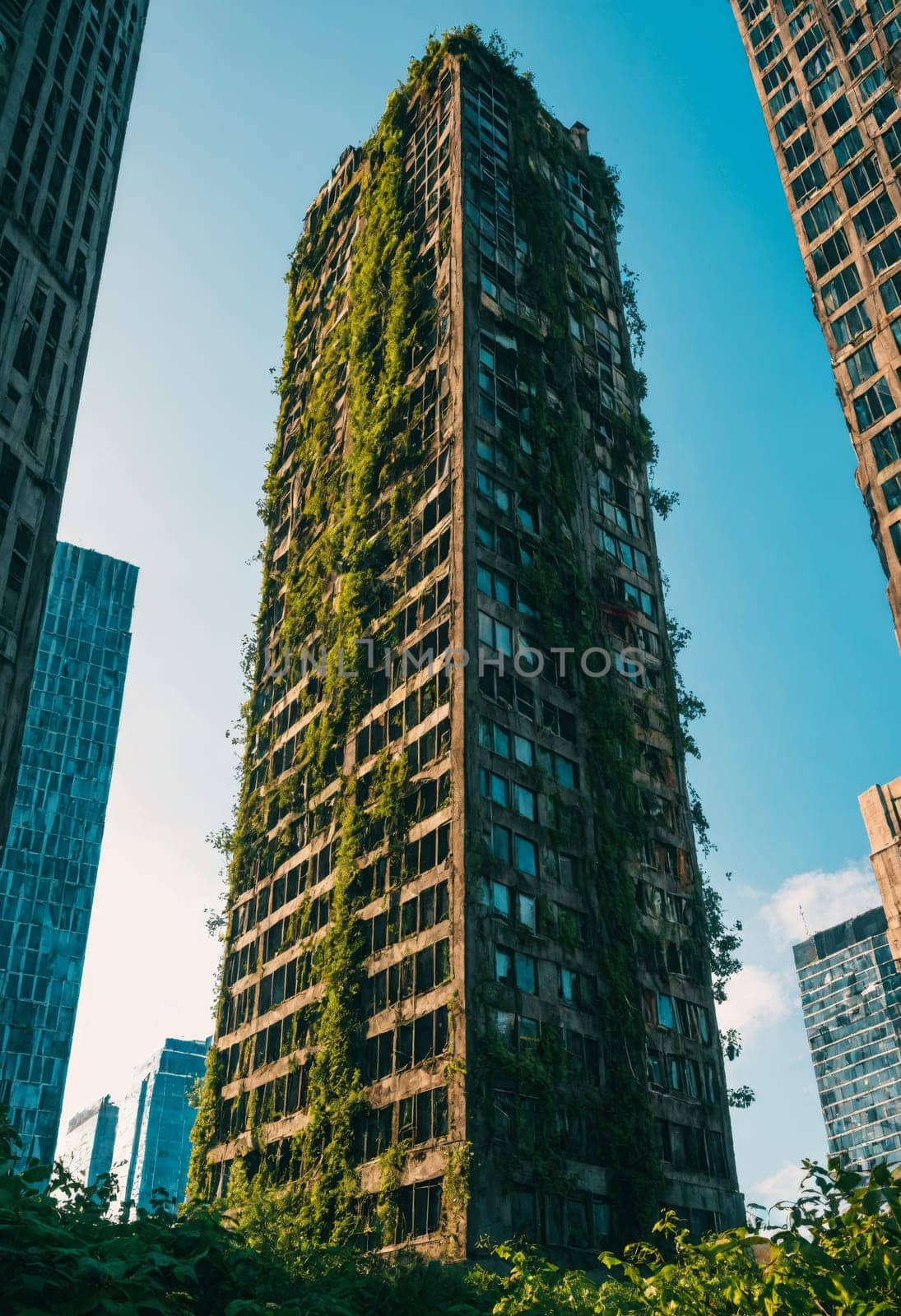 A post-apocalyptic scene featuring a skyscraper with windows shattered and vines growing all over it, set against a blue sky.