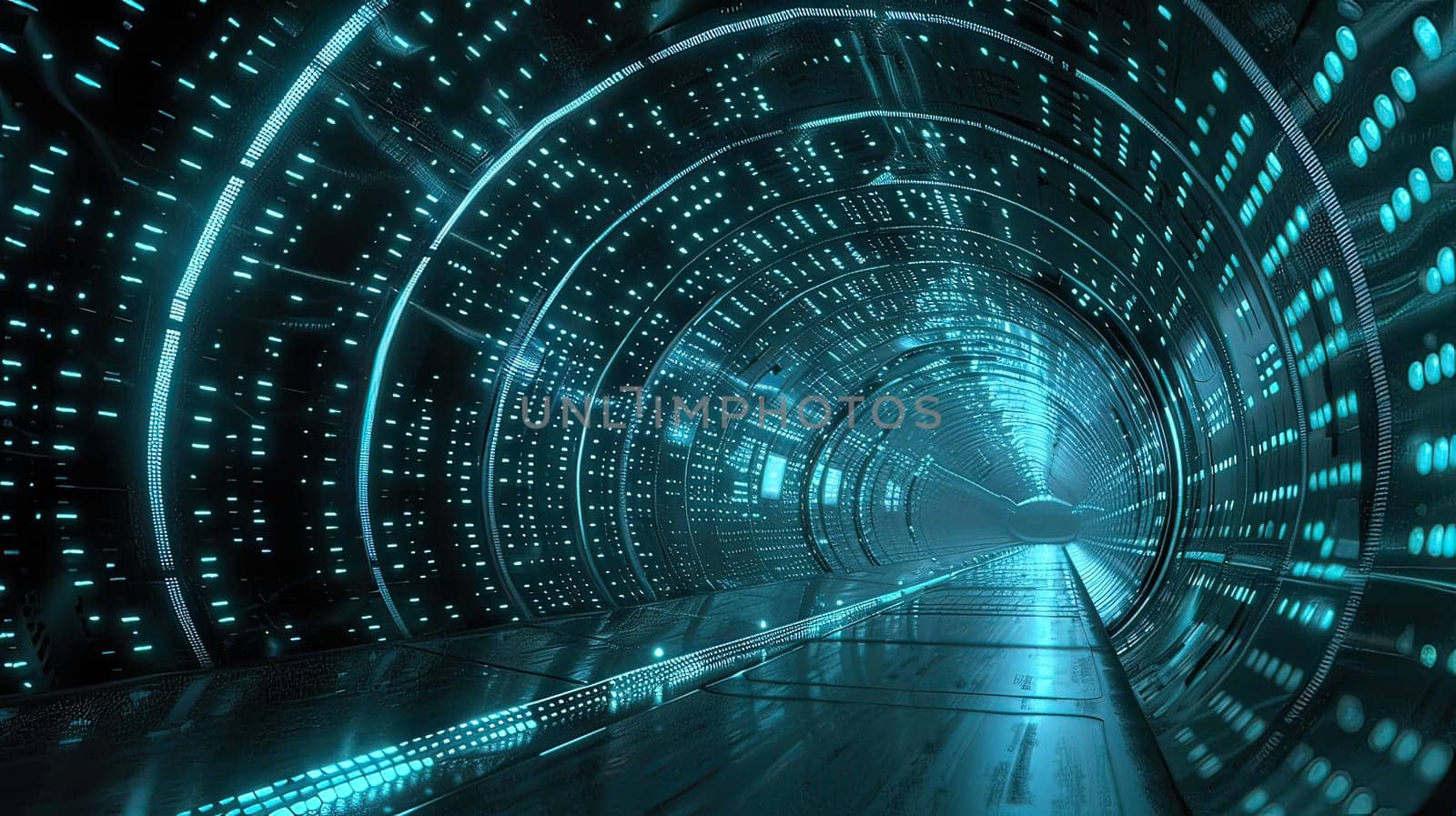 A digital rendering of a futuristic tunnel lined with glowing blue lights, leading to a bright white light in the distance.