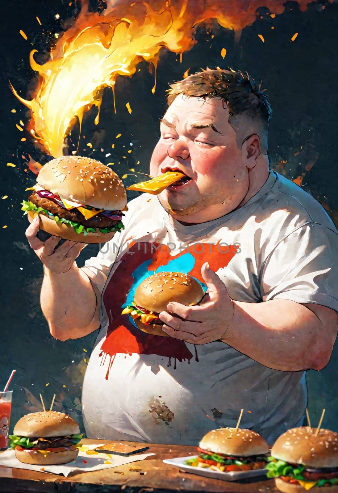 An animated illustration of a person enjoying a juicy burger, with vibrant colors and playful details.