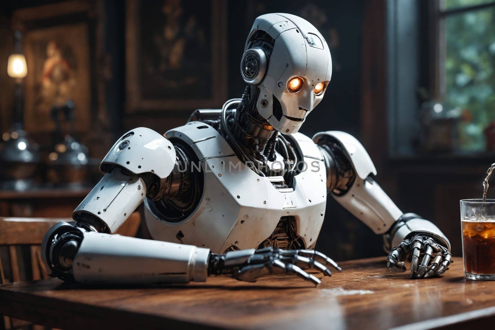 The image features a humanoid robot with glowing eyes, seated at a wooden table in a cozy, vintage setting with a drink.