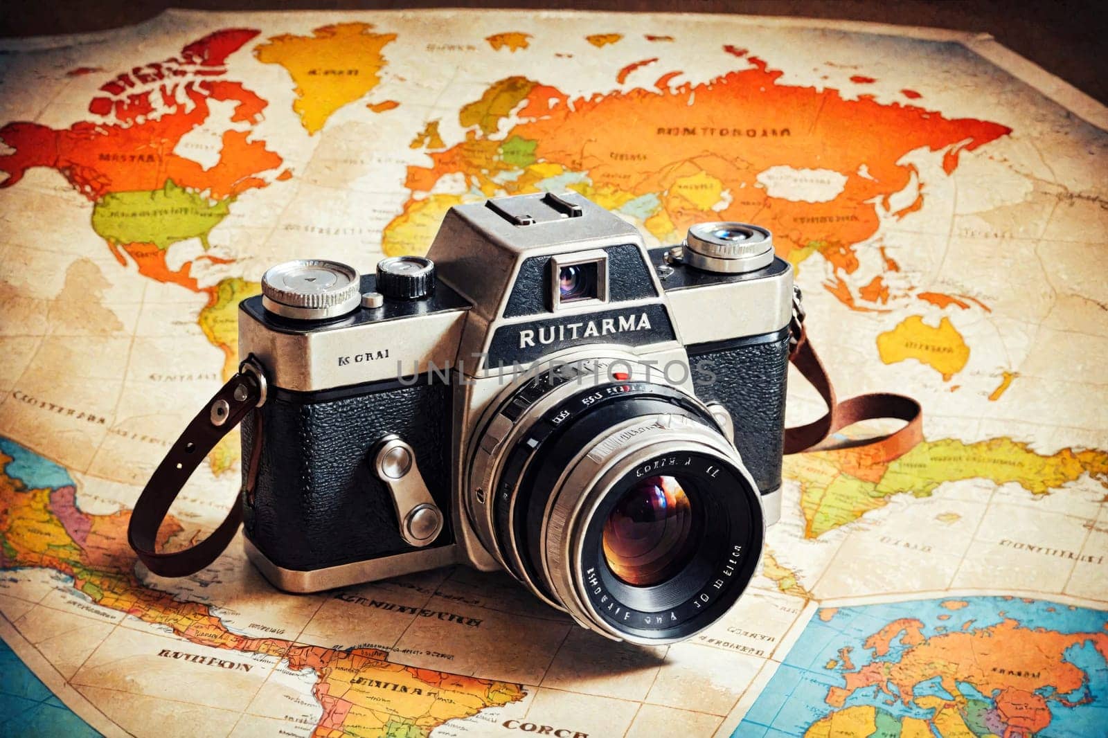 The image features a vintage camera set on a world map, blending travel and photography in a nostalgic scene.
