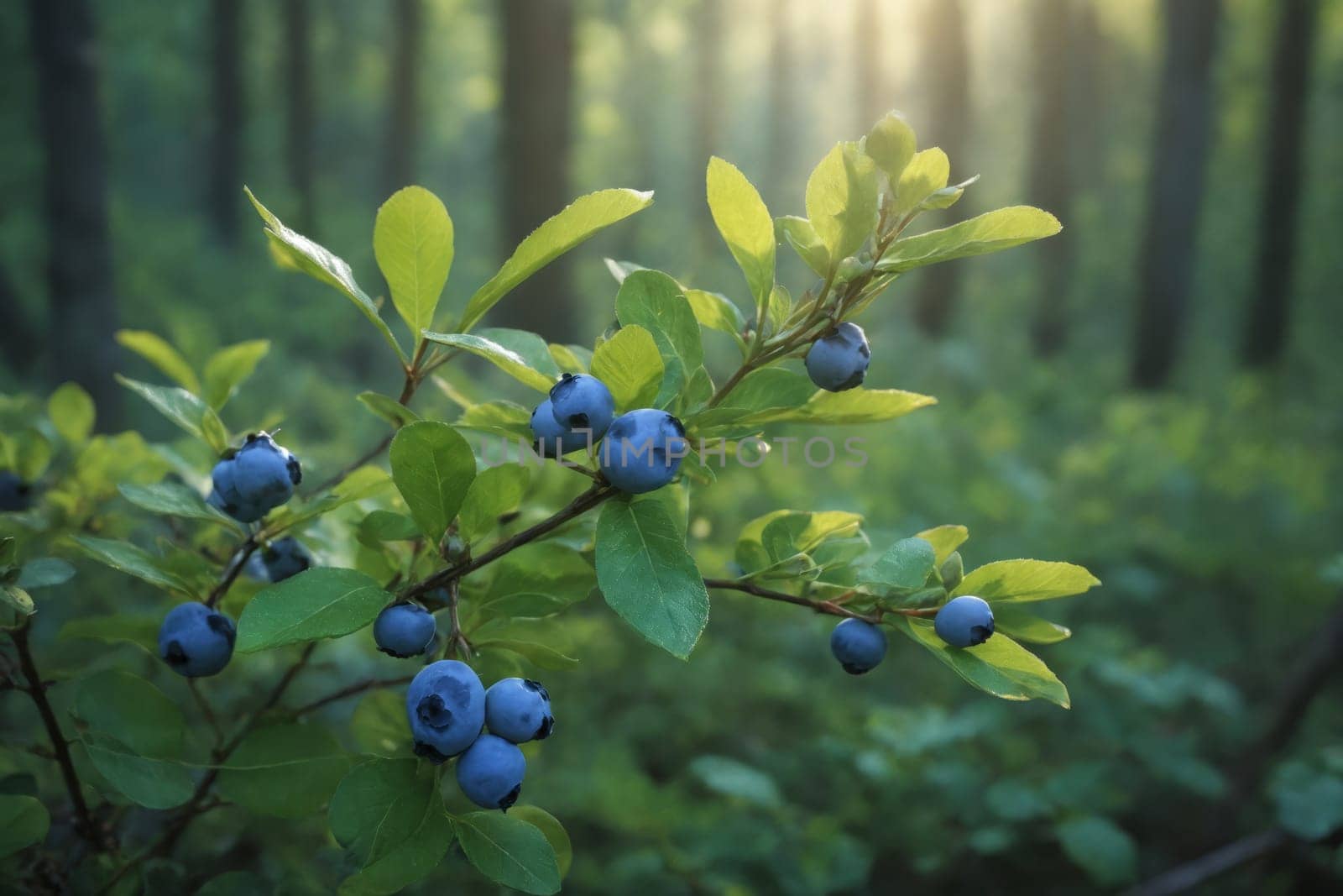 A close-up shot of a blueberry bush branch laden with ripe blueberries, bathed in the warm, golden light of the rising sun. The image captures the beauty of natures bounty, with the vibrant blue berries contrasting against the green leaves and the soft, hazy backdrop of a forest.