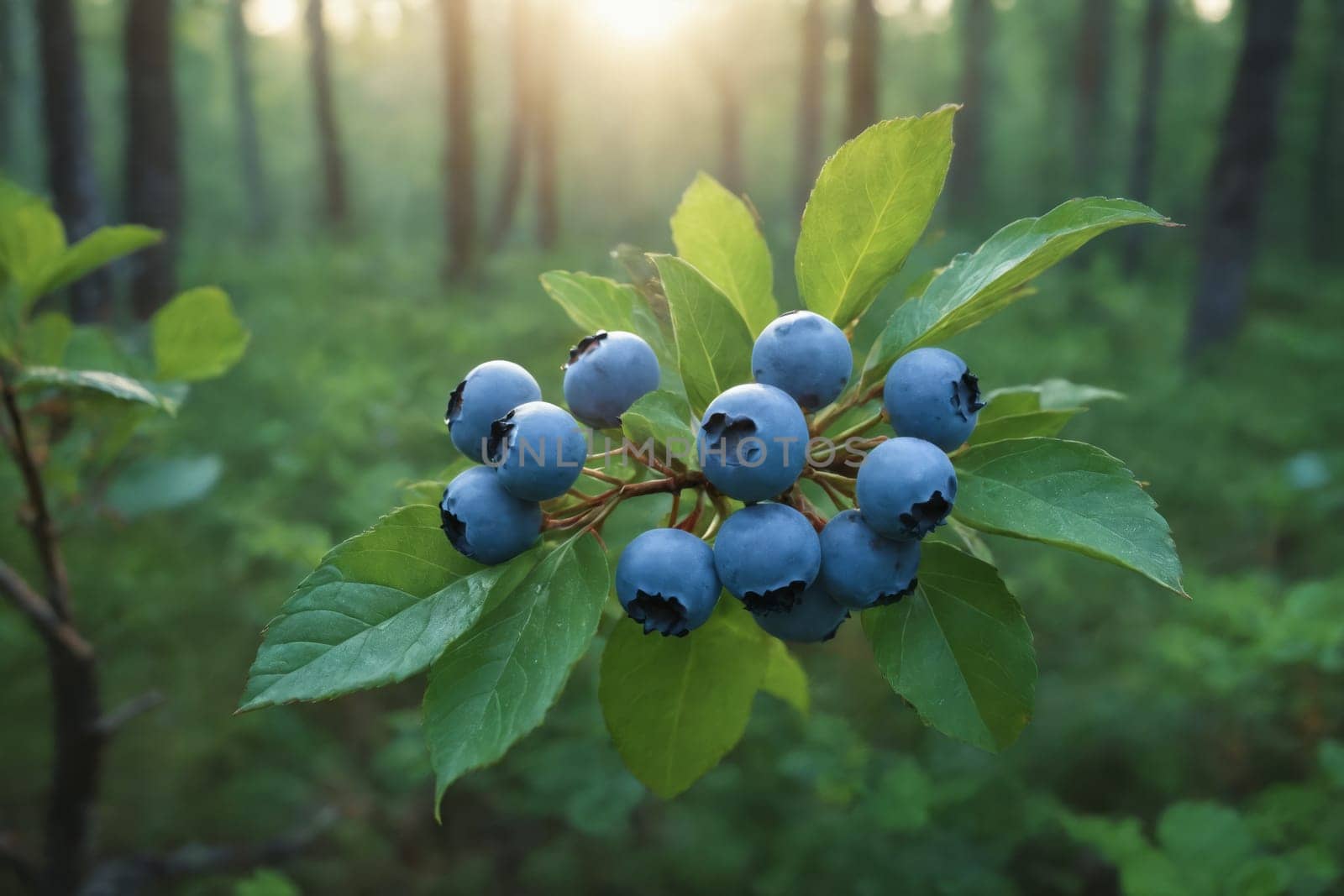 A close-up shot of a blueberry bush branch laden with ripe blueberries, bathed in the warm, golden light of the rising sun. The image captures the beauty of natures bounty, with the vibrant blue berries contrasting against the green leaves and the soft, hazy backdrop of a forest.