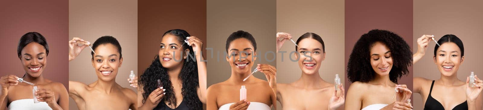 This image shows six diverse women applying facial serum to their skin. The women are all smiling and appear to be enjoying the process of applying the serum.