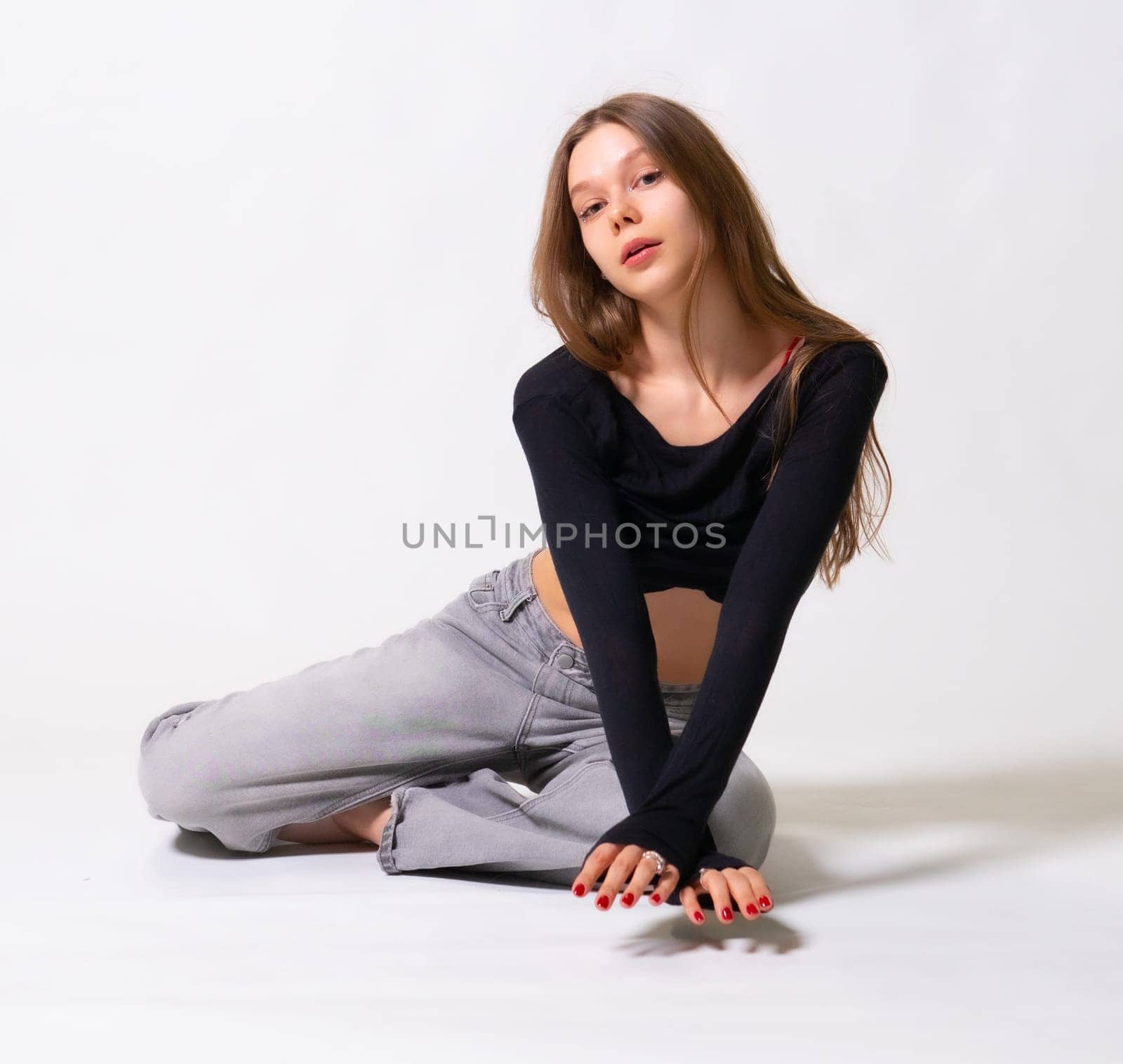 romantic jeans day model female happy hair bouquet natural girl beautiful fashion smile fresh white
