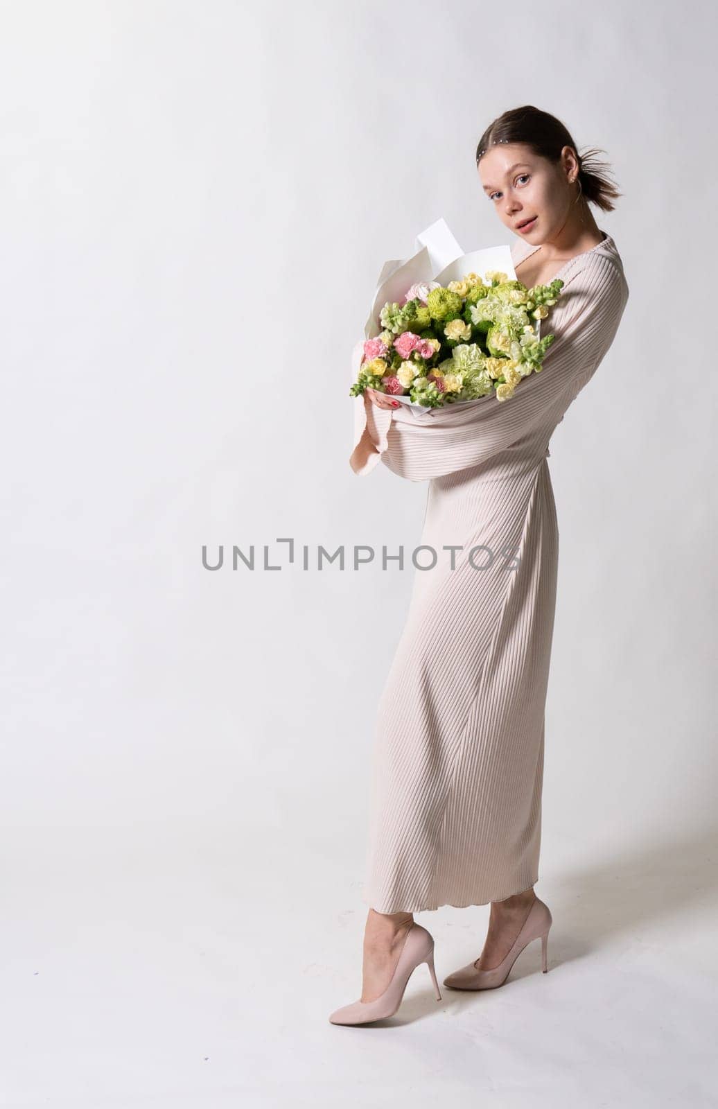 young woman fashion flowers dress attractive beautiful white lady elegant beauty model style