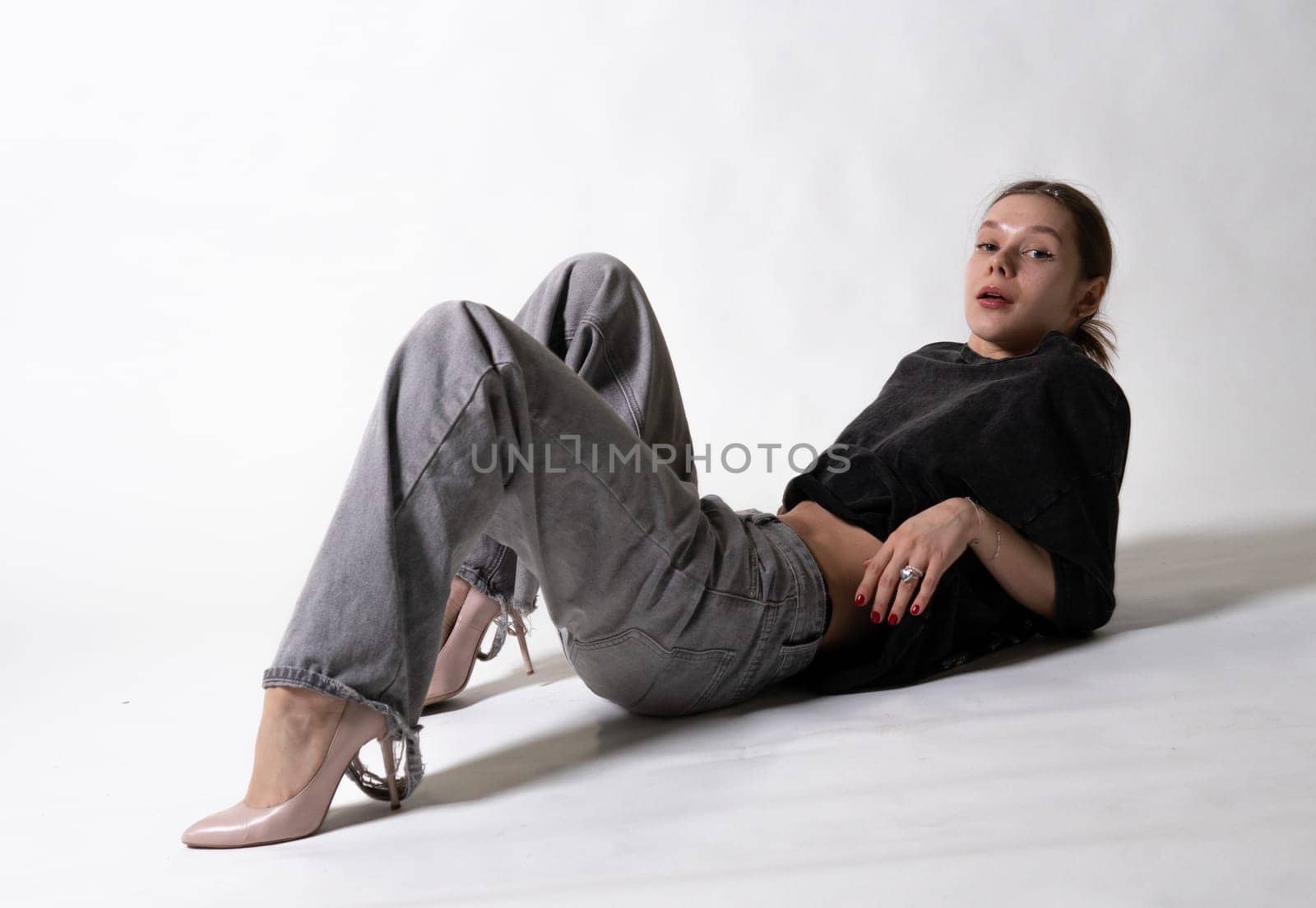 model portrait modern person hair young face lady hand look beauty background white