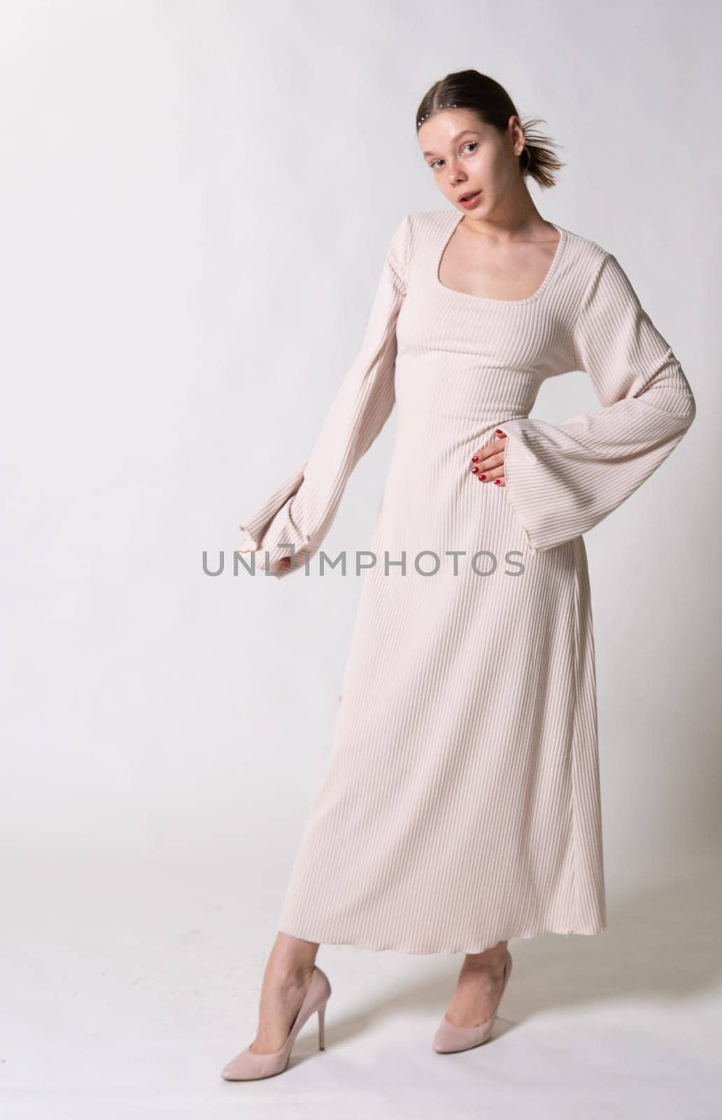 beauty young lady attractive white studio beautiful style woman elegant fashion model dress