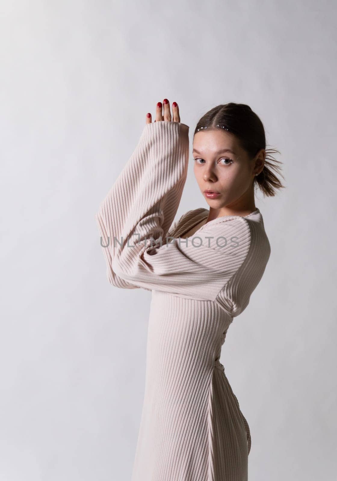 attractive style studio young beautiful lady fashion model dress beauty woman white elegant