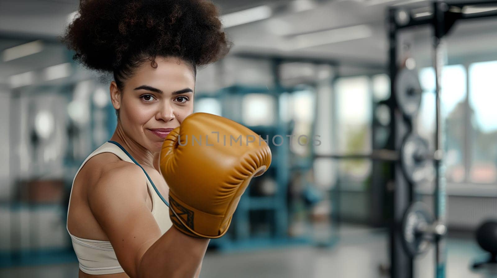 A focused woman with boxing gloves is ready to throw a punch, showcasing strength and determination during her workout session - Generative AI