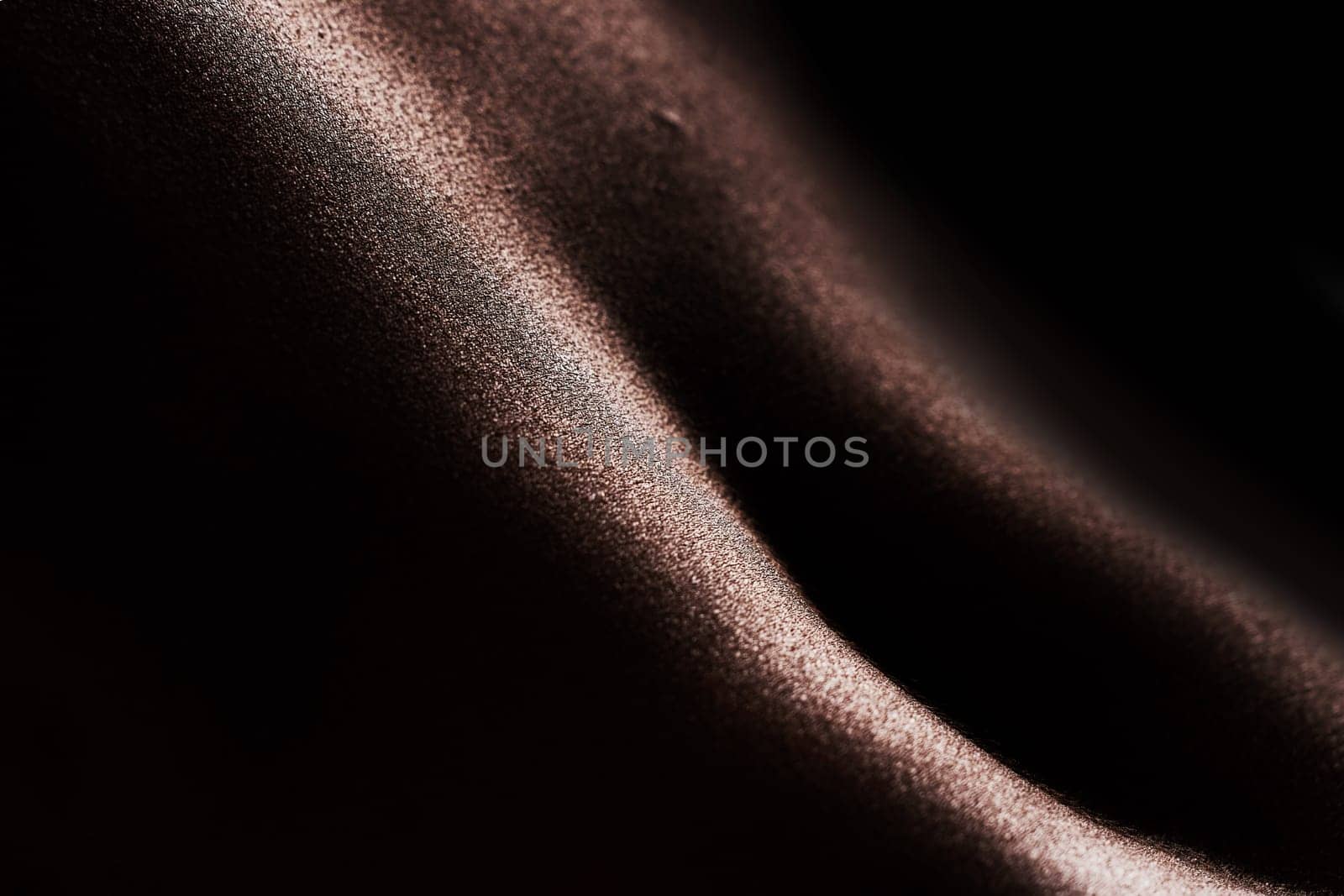 Skin, texture or body and sweat of a person for dermatology, skincare glow and hygiene. Zoom on aesthetic model for art deco, silhouette and wet or droplets for creative and wellness background.