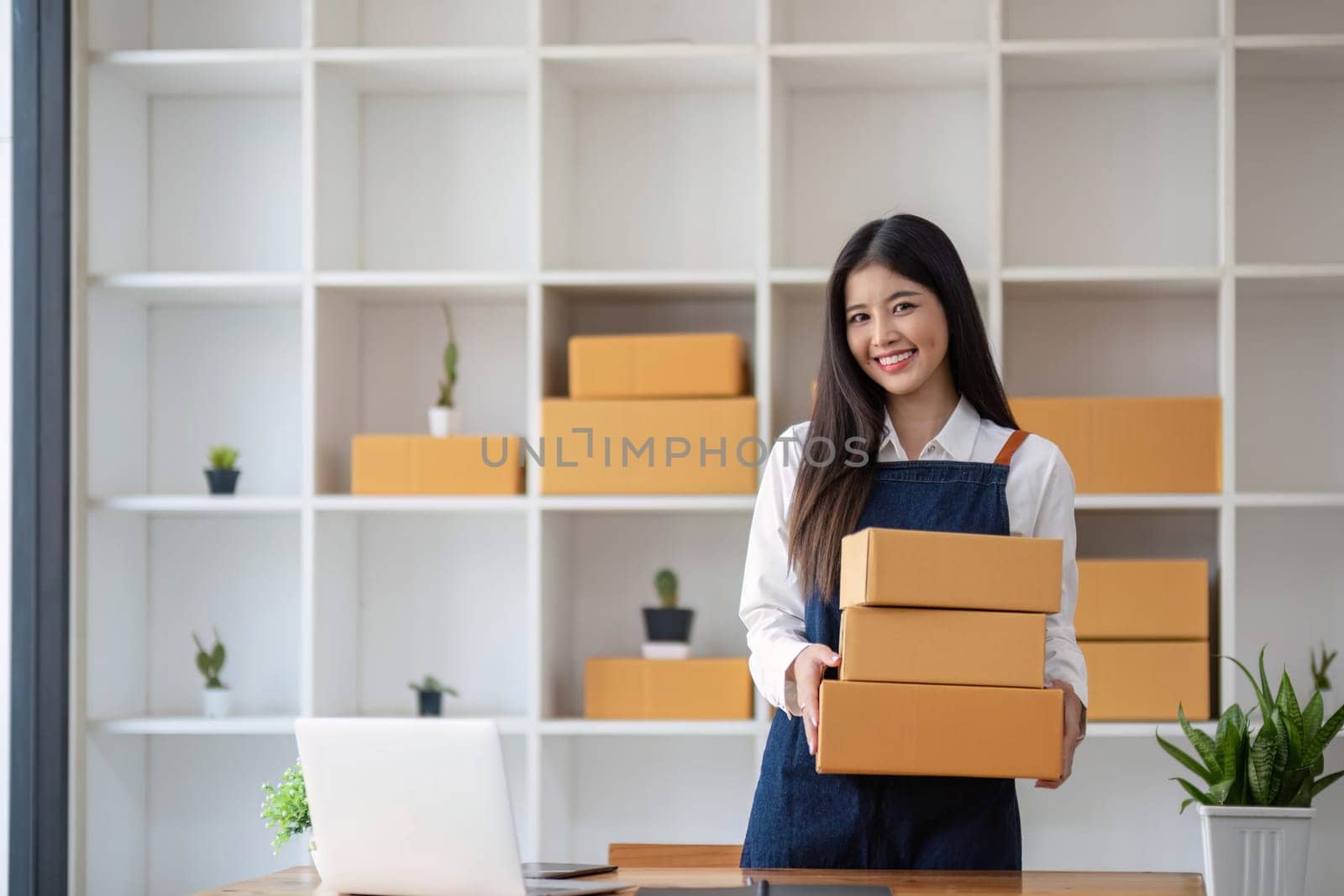 SME business owner holds a parcel box showing delivery of goods for an online business. by wichayada