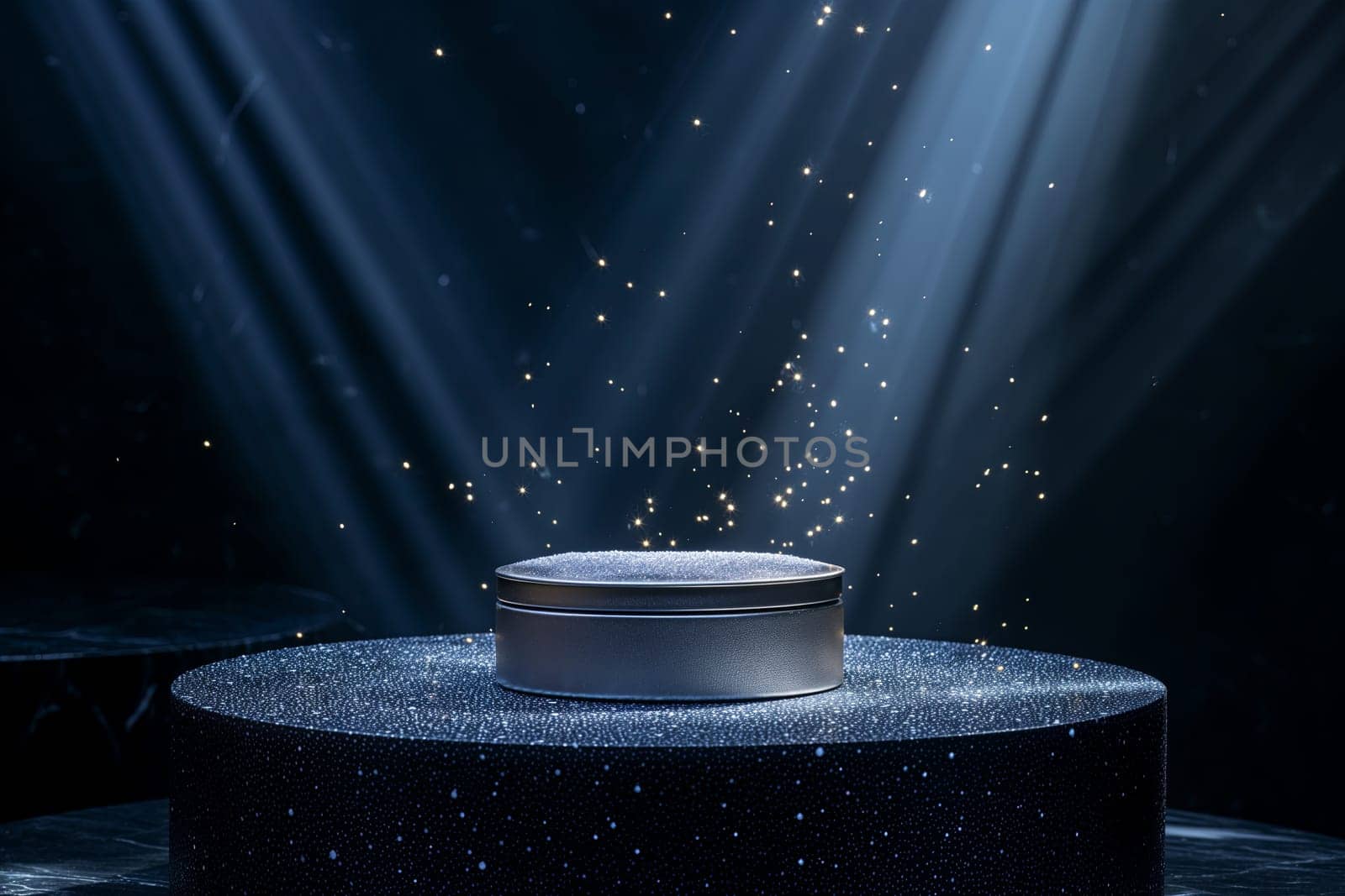 Silver box on a round table under a spotlight on a dark navy backgroun