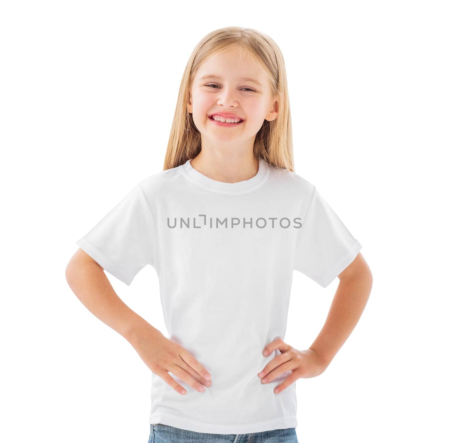 Beautiful little girl in a white blank t-shirt isolated on a white background