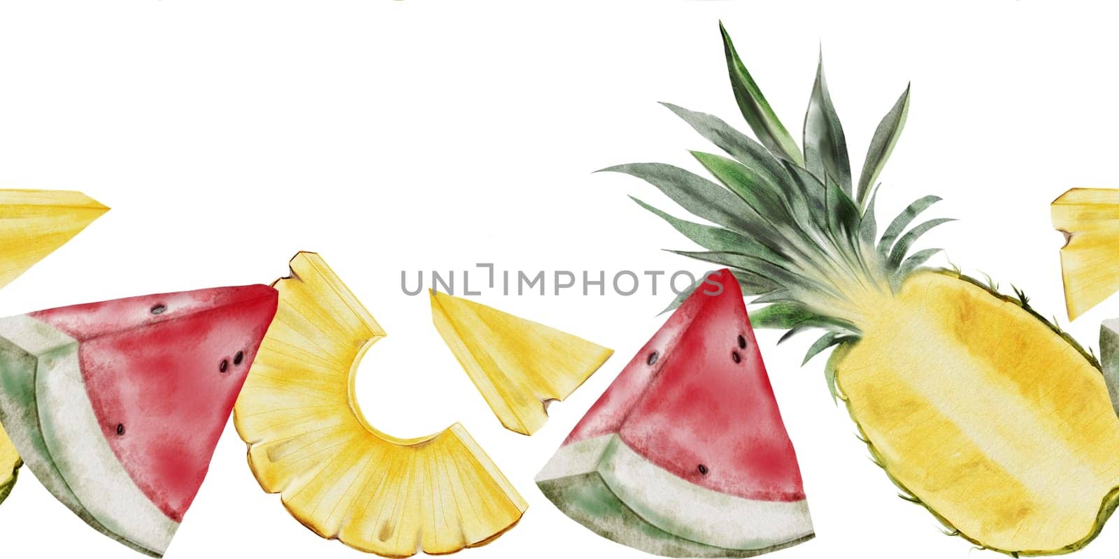 Seamless border of tropical fruits. Hand drawn drawing of ripe watermelon and pineapple cut into pieces. Clip art of exotic fruits on isolated white background. Ideal for building buildings, fresh food and cosmetics stores and menus. High quality photo