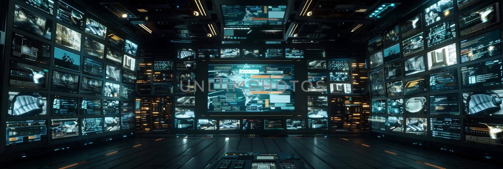 High-tech control center with numerous screens showing various data, maps, and information displays