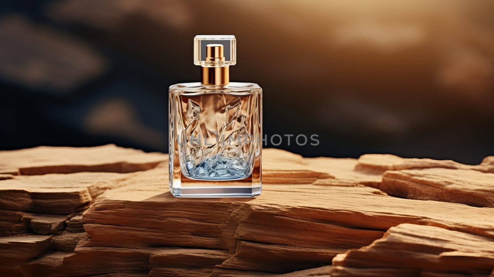 A bottle of perfume sitting on top of a a piece of wood.