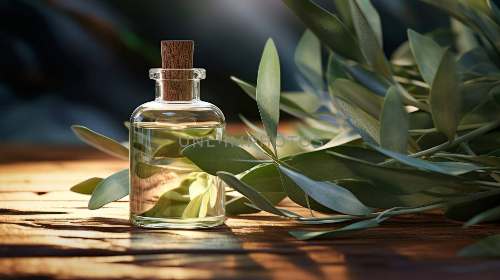 A bottle of cosmetic oil sitting on top of a wooden table.