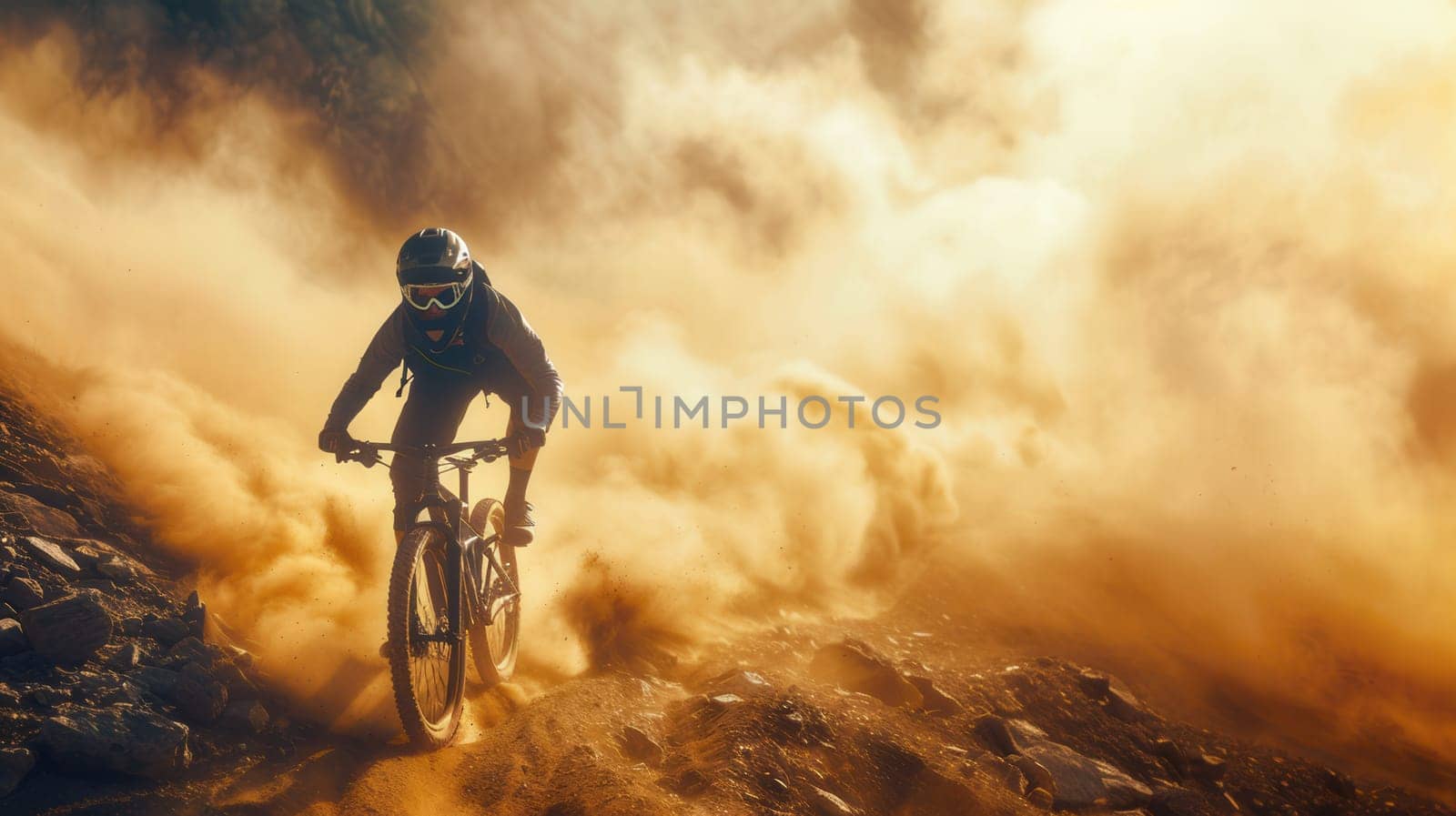 A professional cyclist navigates a dusty mountain trail on an enduro bike, kicking up a cloud of golden dust as the sun sets.