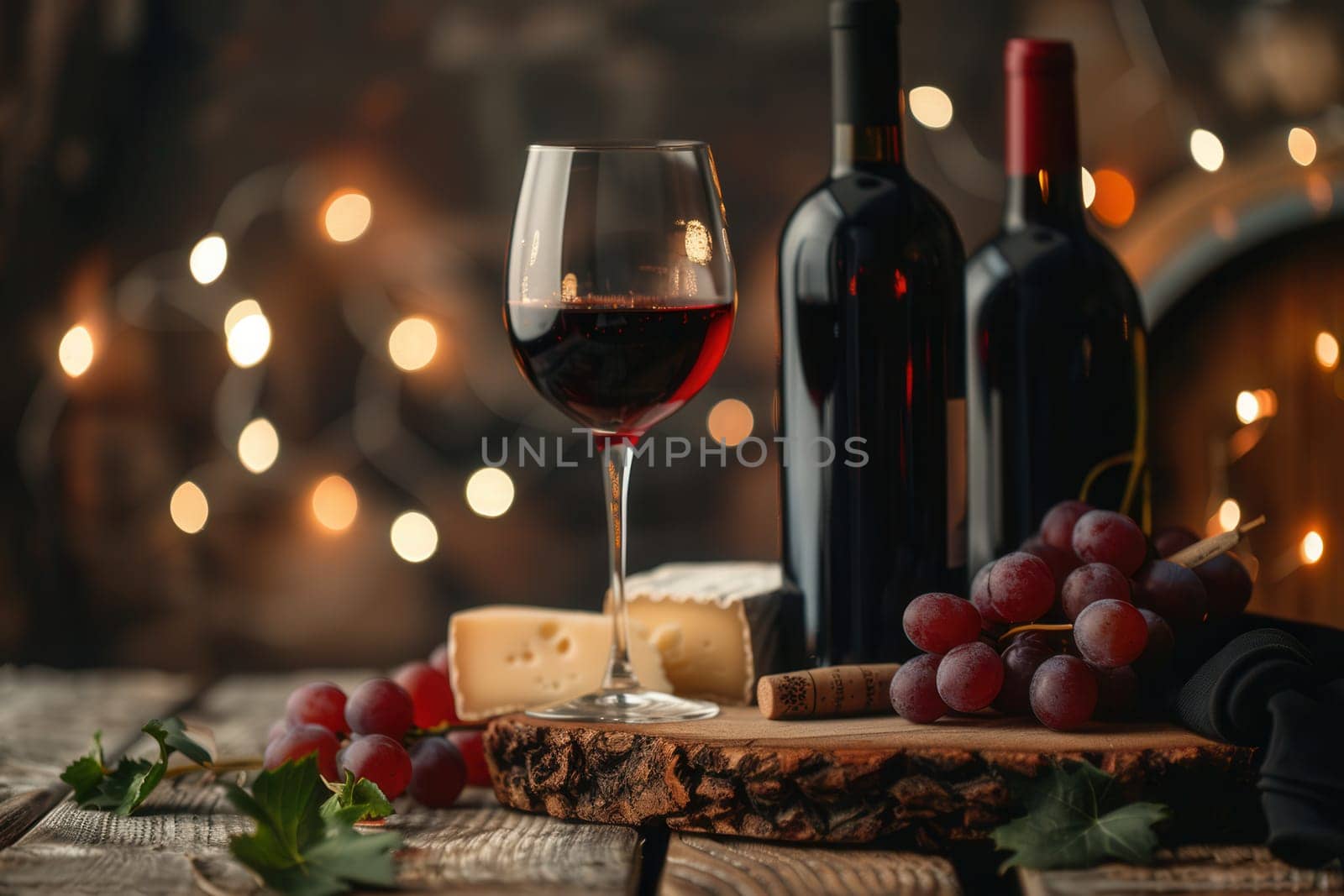 A glass of red wine, two bottles of wine, and a cheese board with grapes are arranged on a wooden table, lit by warm string lights.