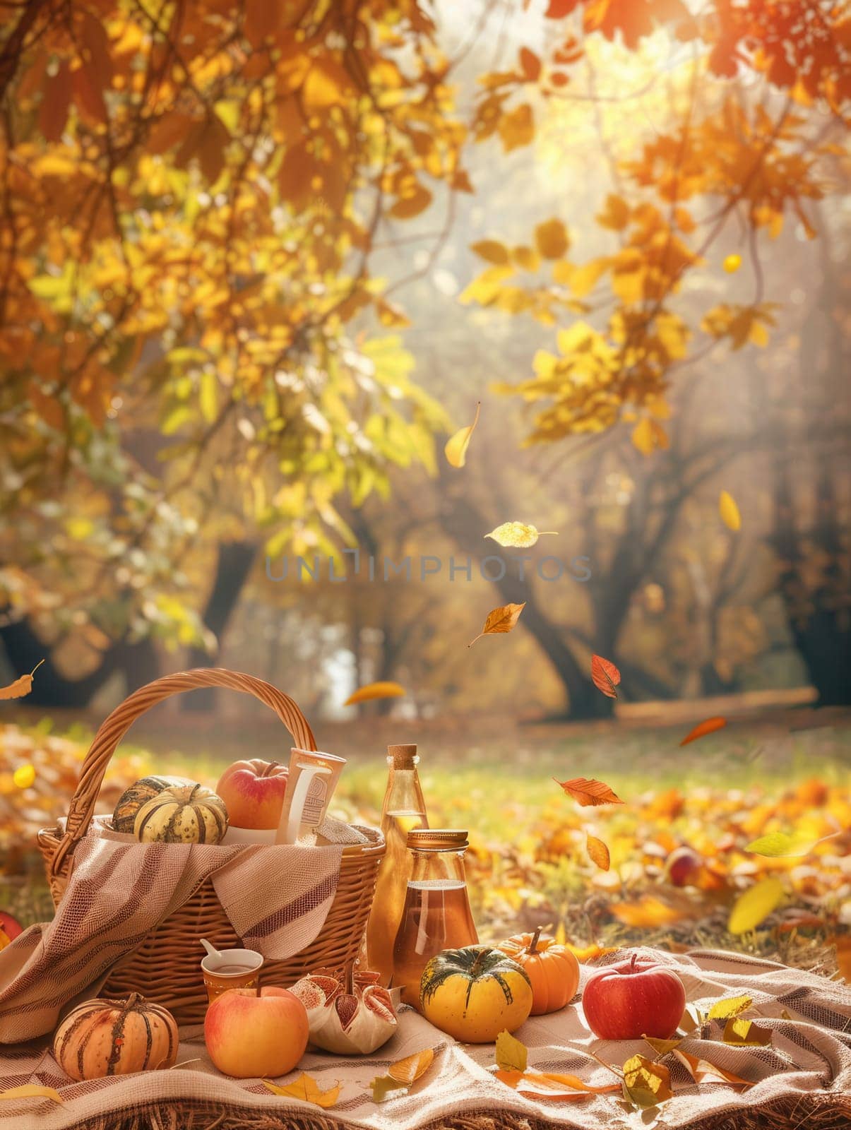 A wicker basket filled with food and drinks sits on a blanket spread out on the ground, surrounded by colorful autumn leaves.