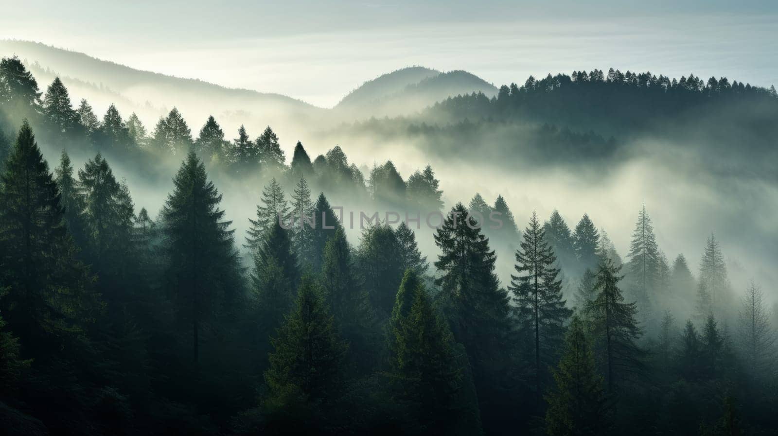 A captivating scene of a dense forest enveloped in a mysterious and ethereal fog, creating a tranquil ambiance.