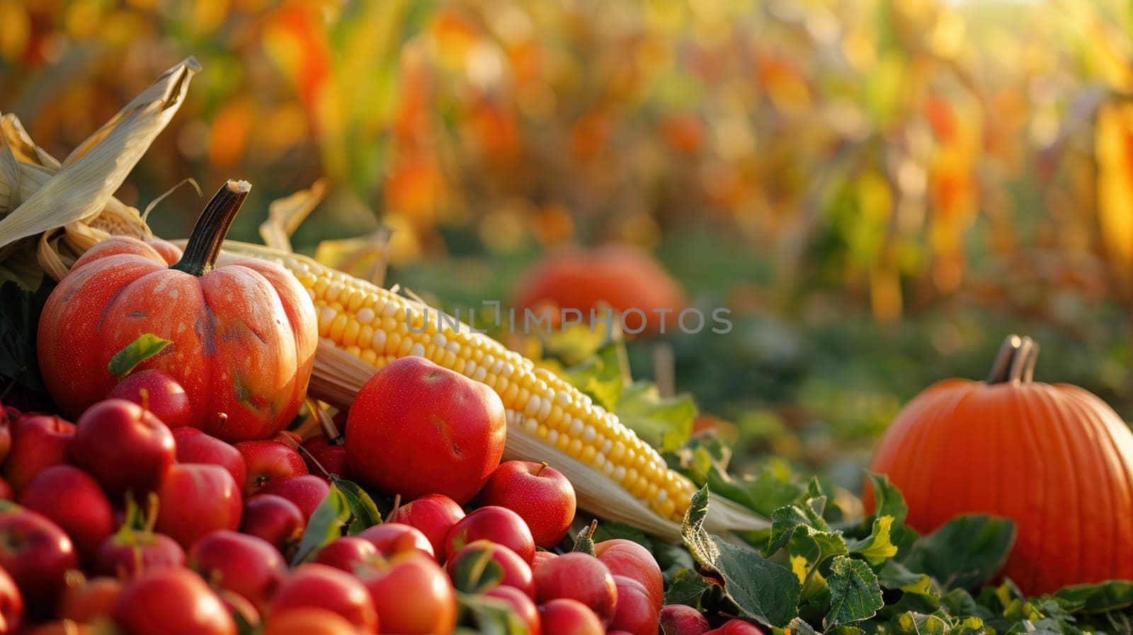 A bountiful display of fall harvest in a field, with corn, pumpkins, and apples.