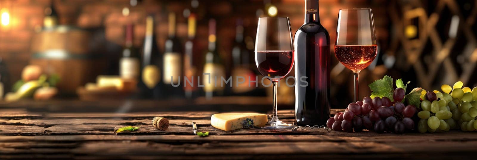 Two glasses of red wine and a bottle of wine on a rustic wooden table with a cheese wedge, grapes, and a blurry background of a wine cellar.