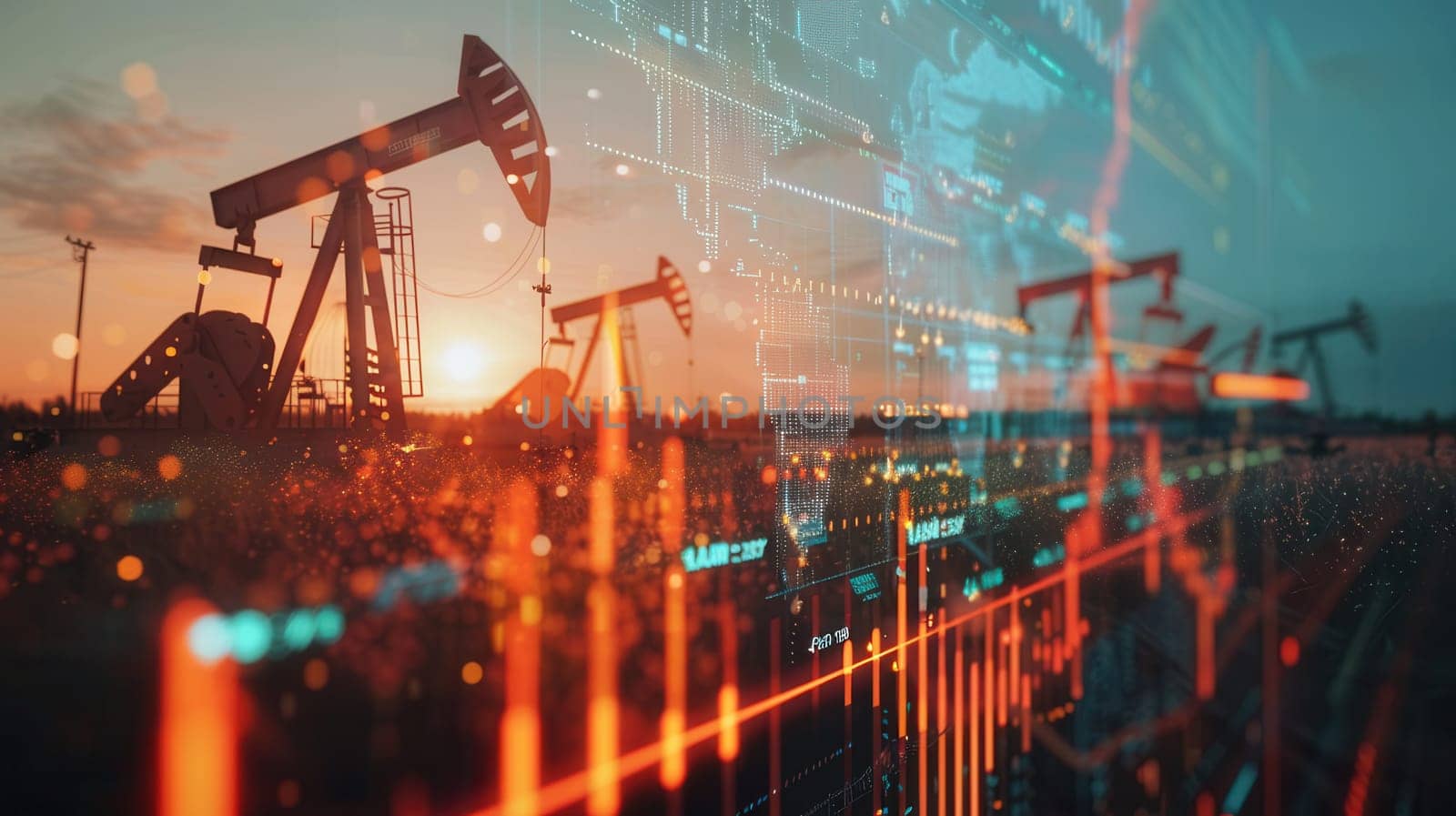 Silhouetted oil pumps stand in a field at sunset, with a digital screen overlayed showing financial charts and graphs.