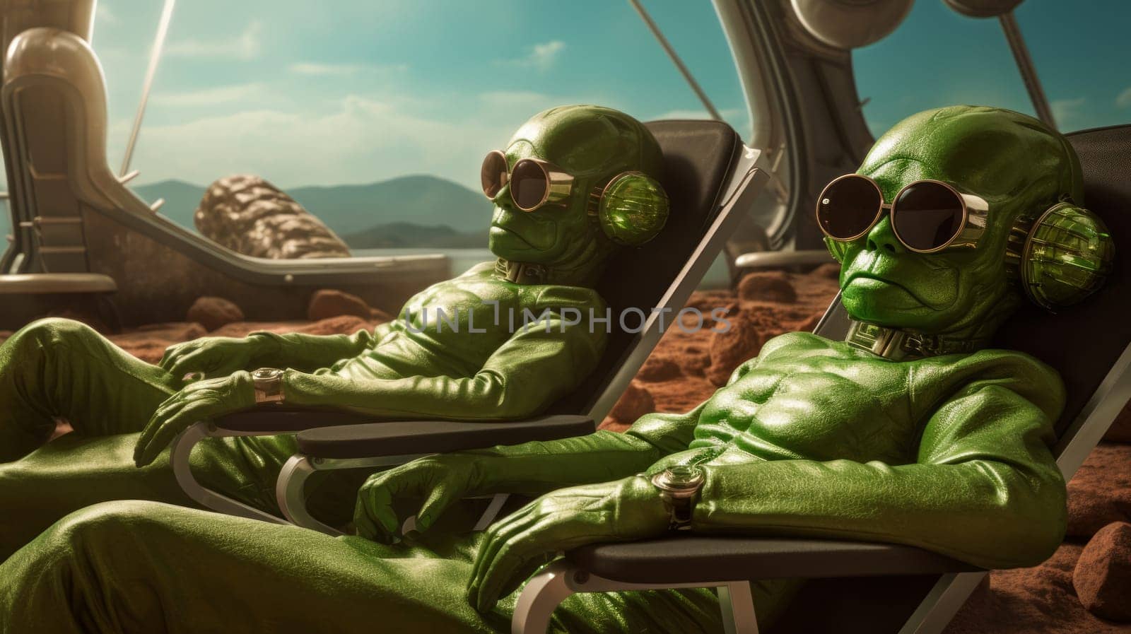 Two Green Alien Men Sitting in Lawn Chairs.