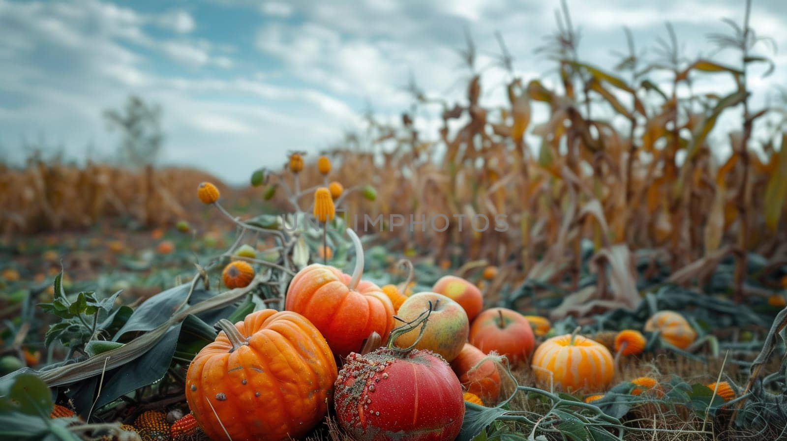 Pumpkins, gourds, and apples lay scattered in a field of dried corn stalks.