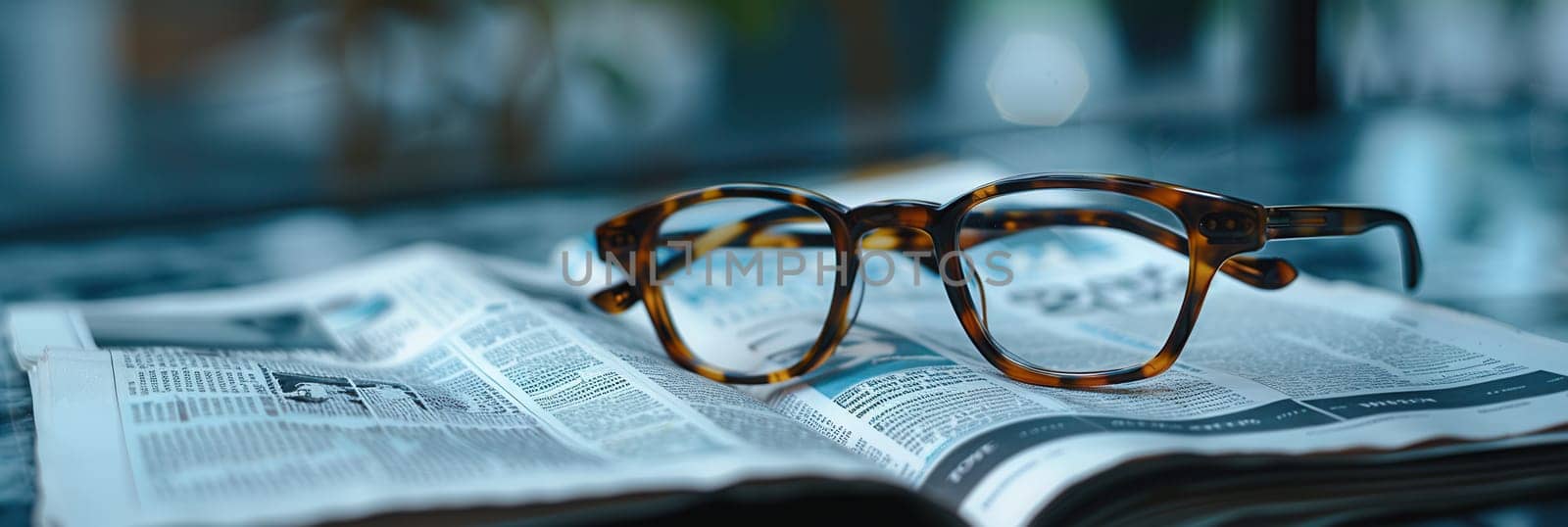 A pair of tortoise shell eyeglasses rest on an open newspaper with a minimalist background.