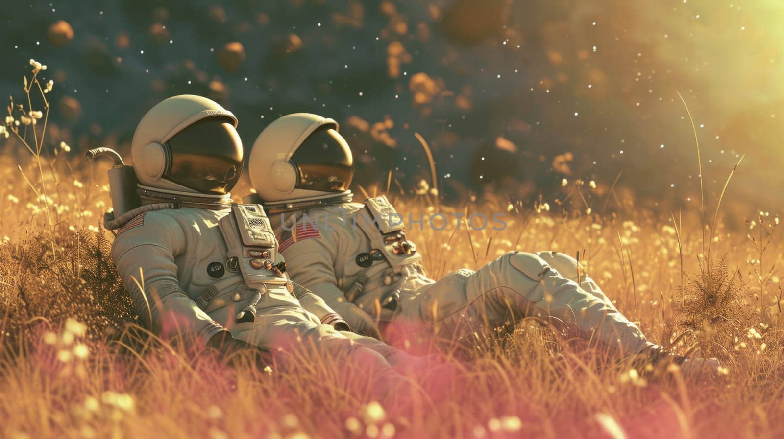 Two Astronauts Sitting in a Field of Tall Grass.