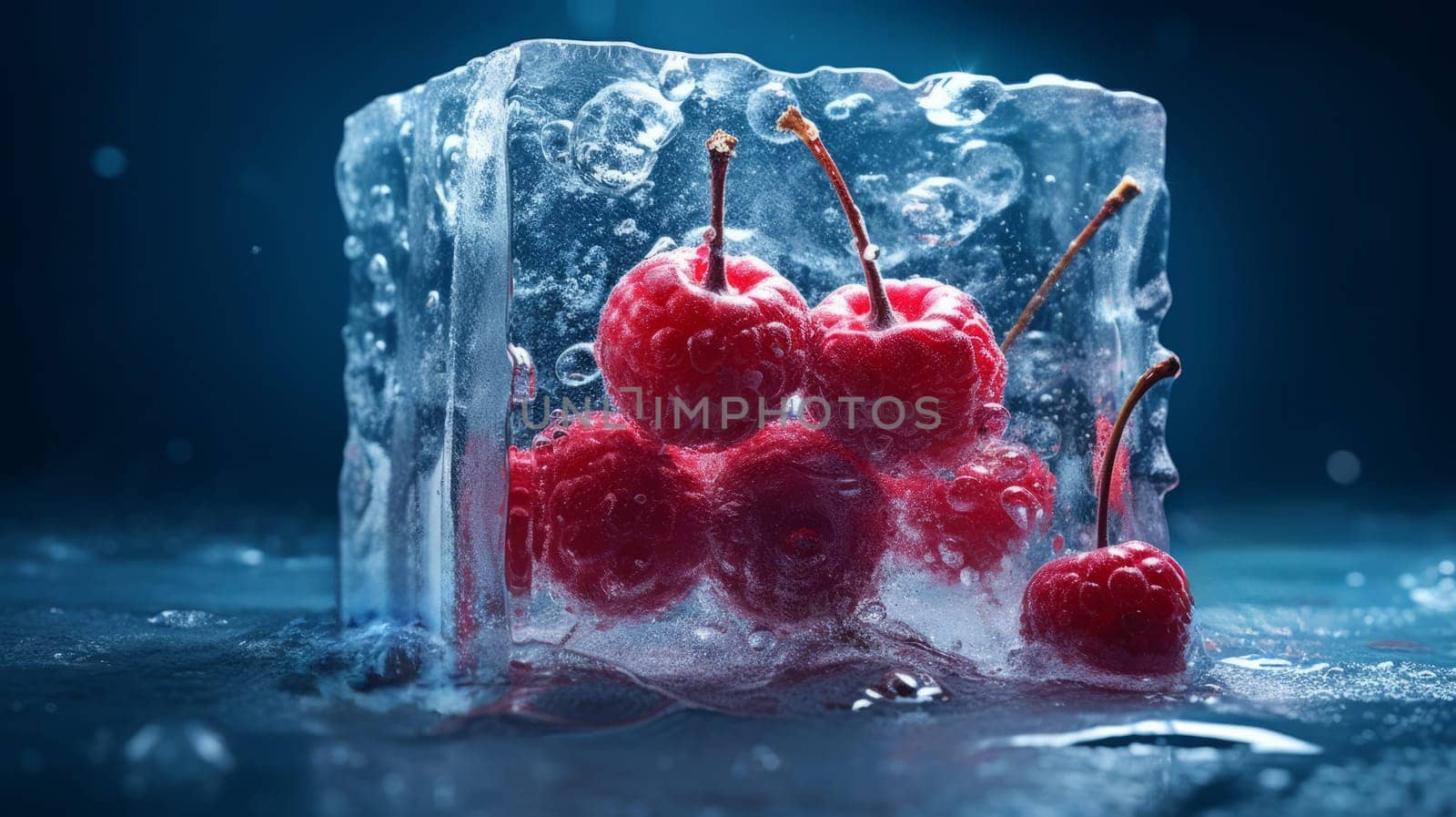 A bunch of cherries sitting in ice cubes.