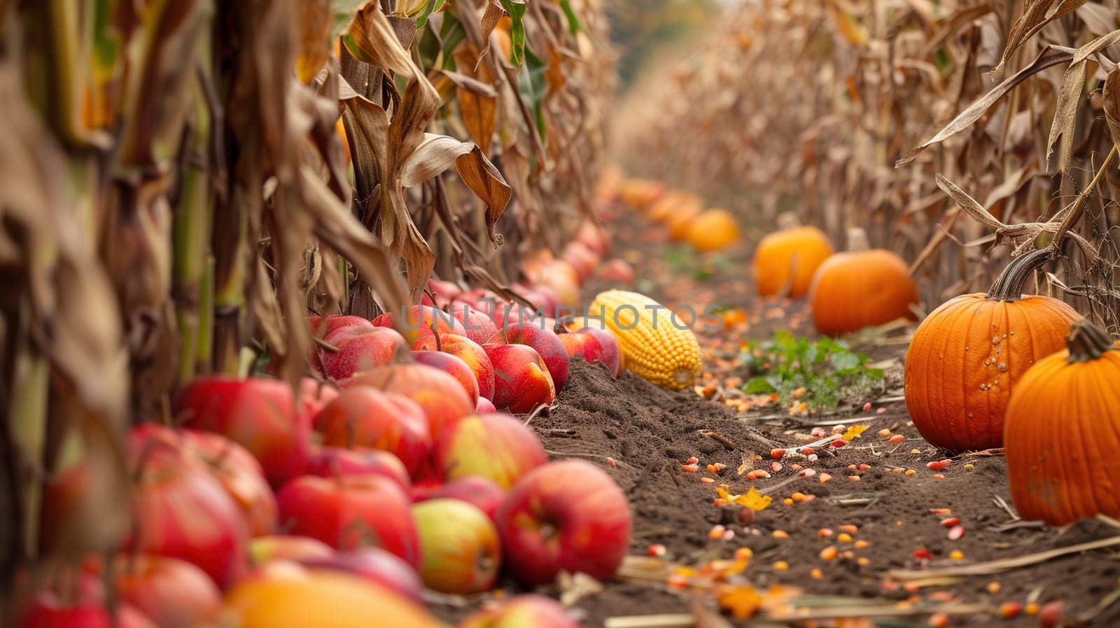 Fallen apples, pumpkins, and an ear of corn lay scattered on the ground amidst the rows of dry corn stalks.