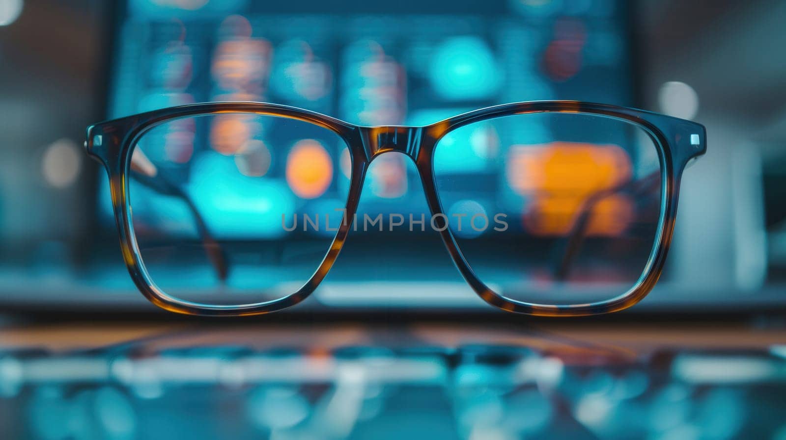 Eyeglasses with brown frames resting on a computer keyboard.