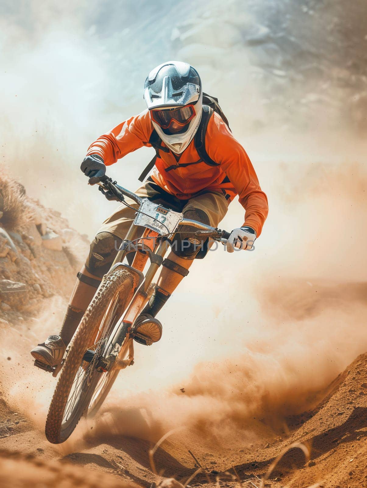 A professional cyclist races down a dusty trail on an enduro mountain bike, kicking up a cloud of dirt.