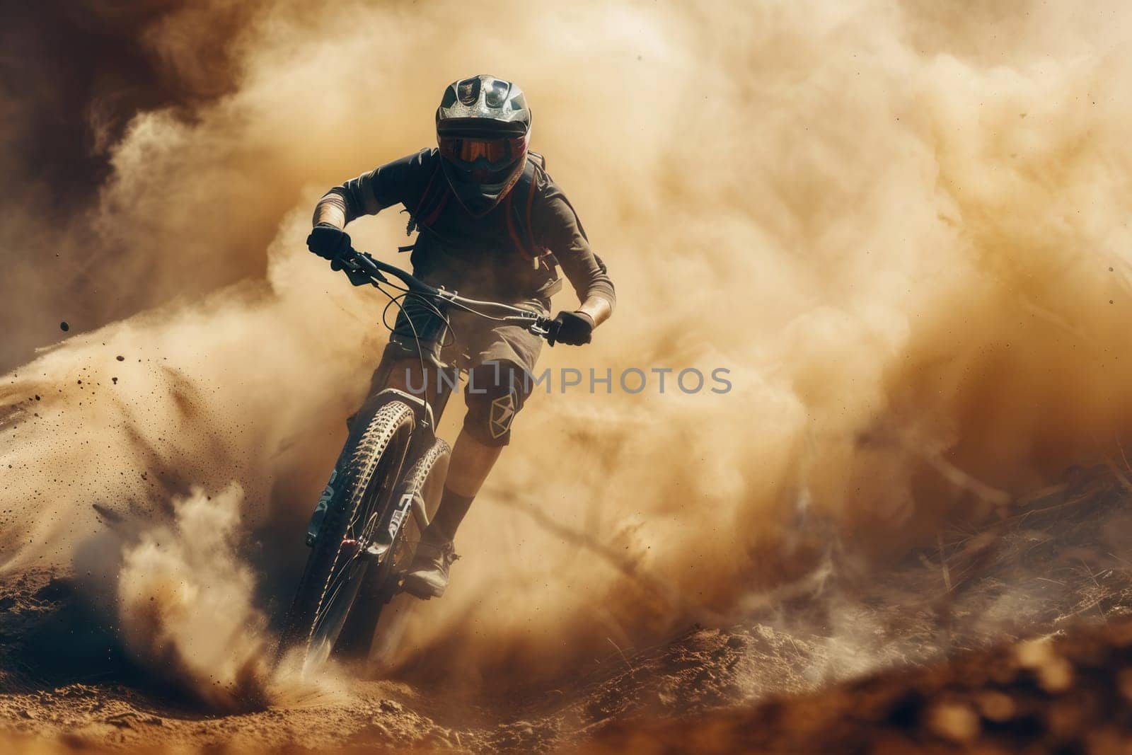 A professional cyclist navigates a dusty trail on an enduro mountain bike.