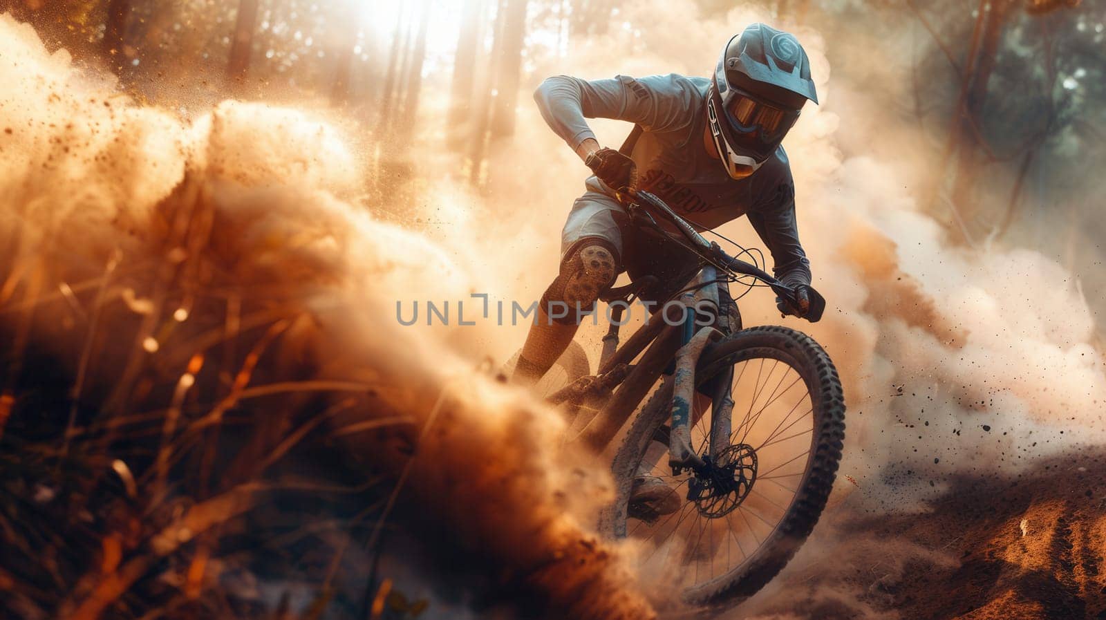 A professional cyclist rides an enduro trail bike on a dusty terrain, kicking up a cloud of dirt as the sun shines through the trees.