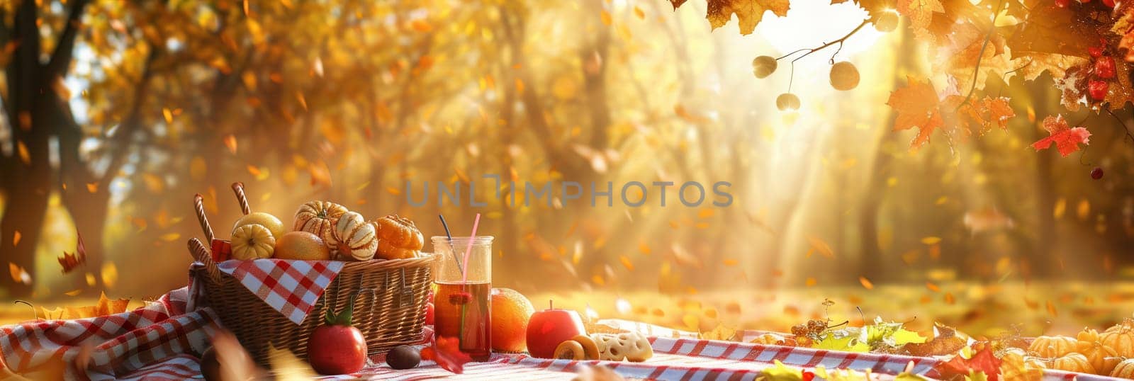A picnic blanket is laid out in the woods, with a basket of food and drinks. Autumn leaves fall from the golden trees.