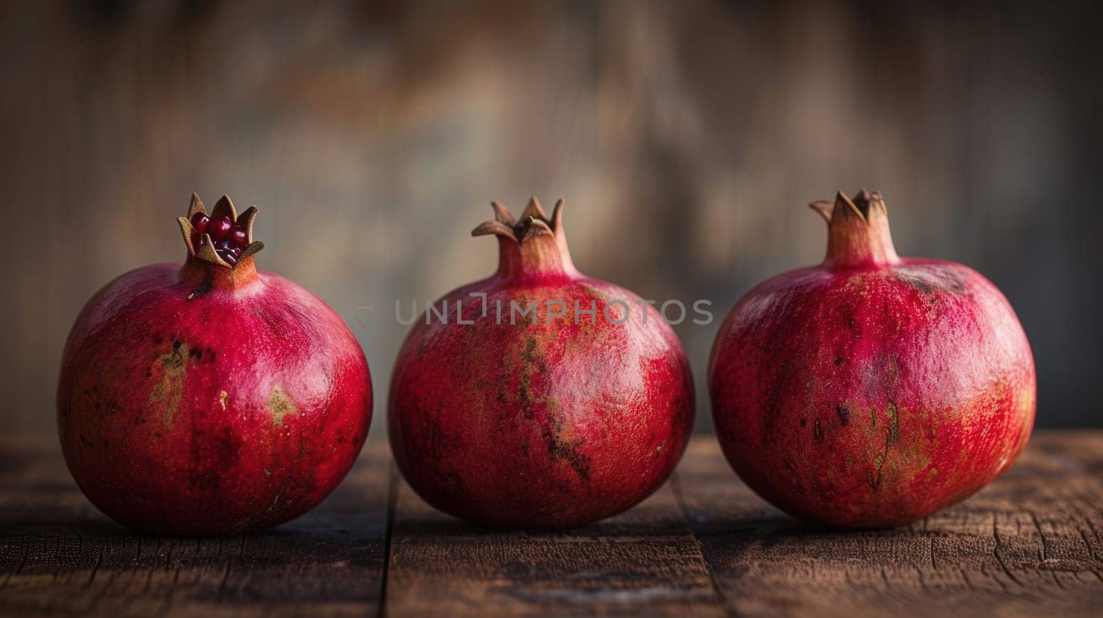 Three ripe pomegranates with visible seeds sit on a rustic wooden surface.
