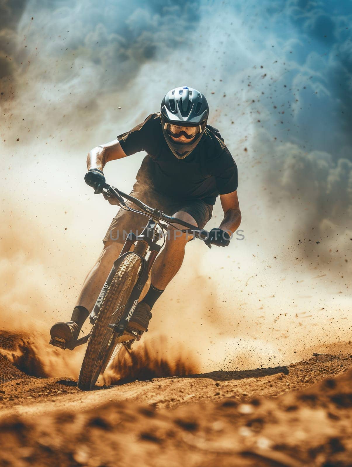 A professional cyclist rides an enduro trail bike on a dusty dirt track. The rider is wearing a helmet and goggles and is kicking up a cloud of dust as they ride.