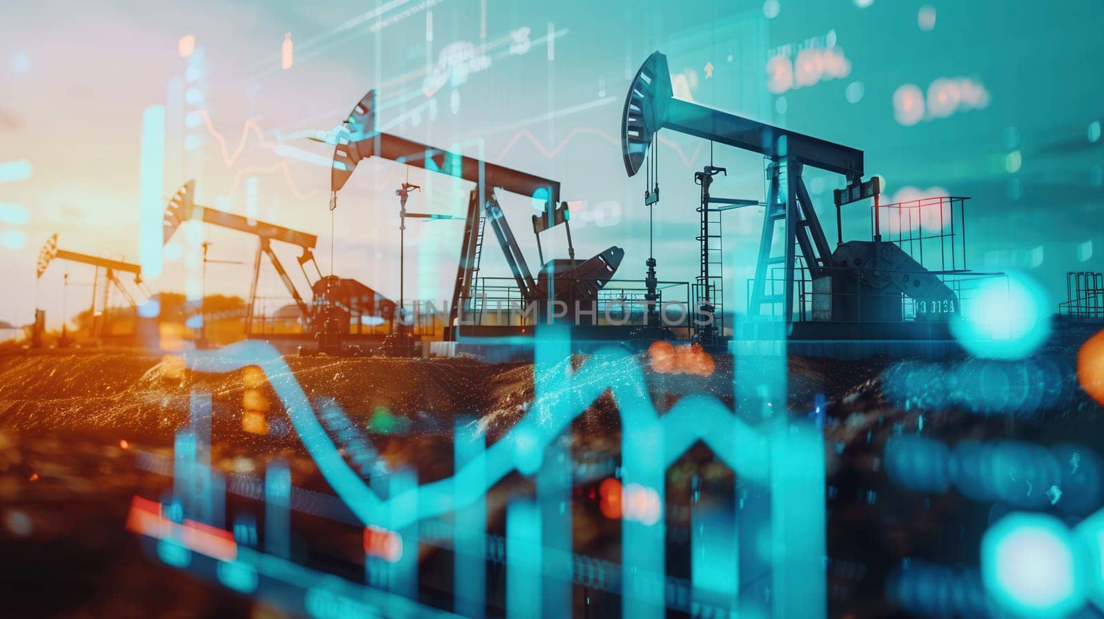 Silhouetted oil pumps in a field are superimposed with financial charts showing a rising trend, illustrating the concept of increasing gasoline prices.