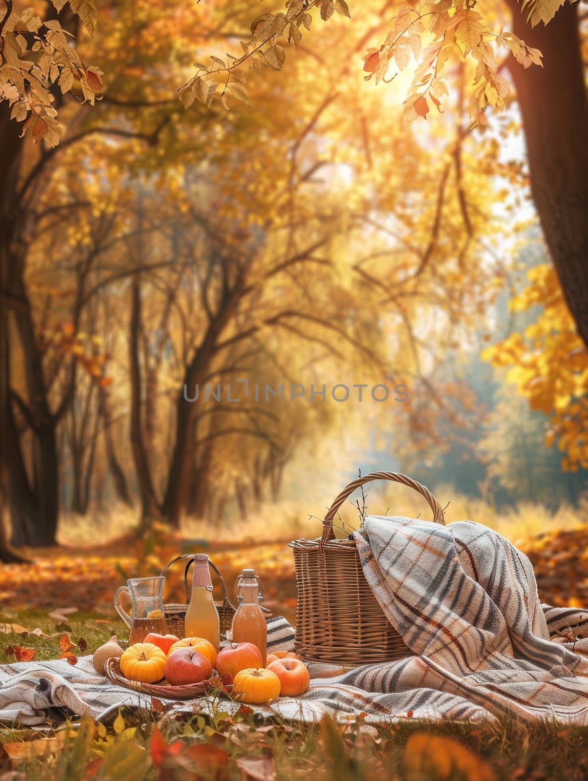 An autumn picnic scene with a blanket spread on the ground, a basket full of food and drinks, surrounded by fallen leaves in a forest of golden trees.