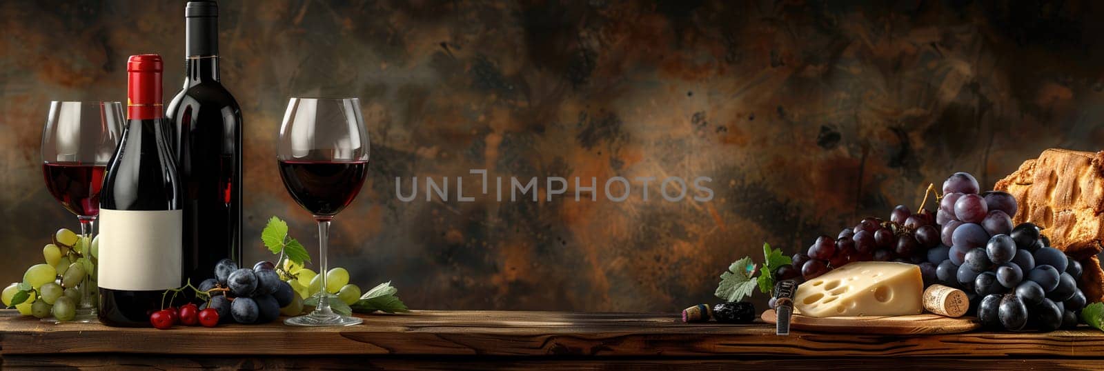 Two bottles of red wine with glasses filled with wine sit on a wooden table, along with grapes and a wedge of cheese.