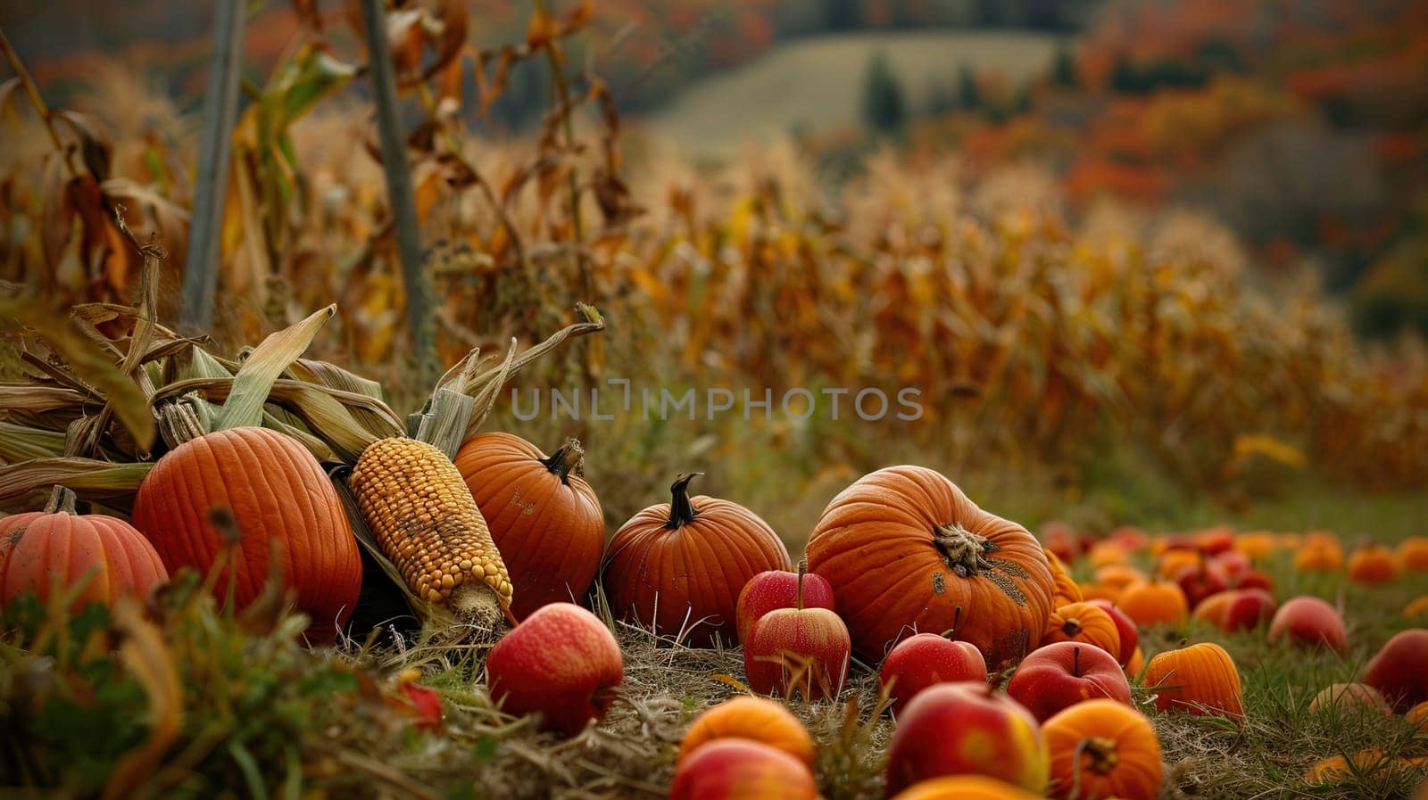 A bountiful autumn harvest with pumpkins, apples, and corn in a rural field.
