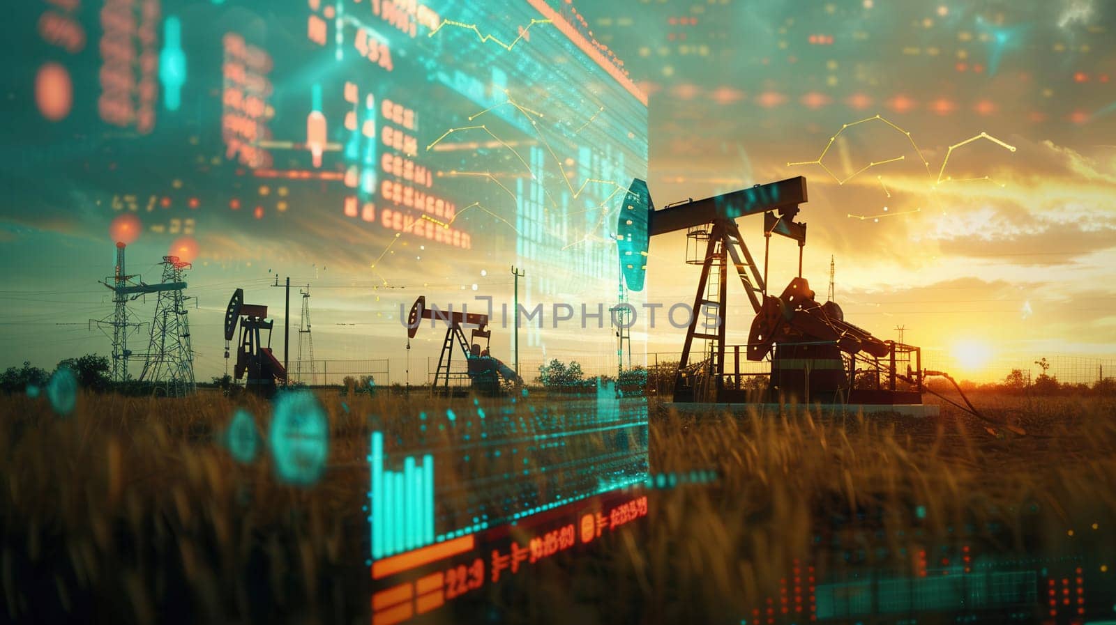 Oil pumps in a field silhouetted against a sunset sky with overlaid digital graphs displaying financial data.