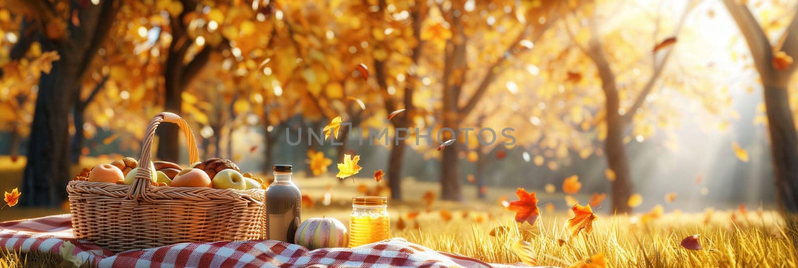 A wicker basket filled with food and drink sits on a red and white checkered blanket in a forest. Golden leaves fall from the trees behind the basket, creating a picturesque scene.